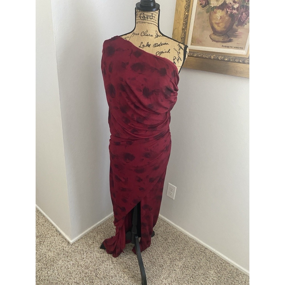 VICI Collection Burgundy Floral Ruched One Shoulder Maxi Dress Large Stretch